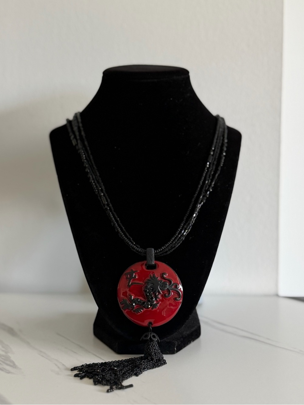 Red Dragon Pendant Necklace with Black Tassel